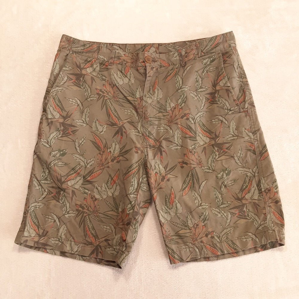 Caribbean Mens Tropical Floral Print Chino Shorts 36 Green Cotton 9" Inseam